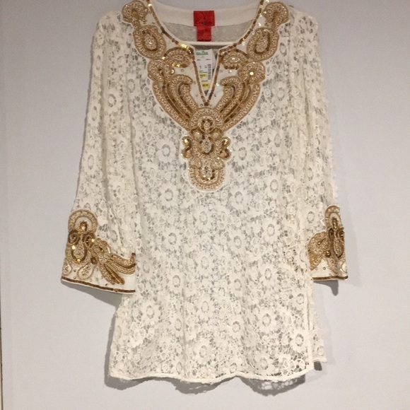 Christina V Gold sequined and white tunic top Sz S - Picture 1 of 4